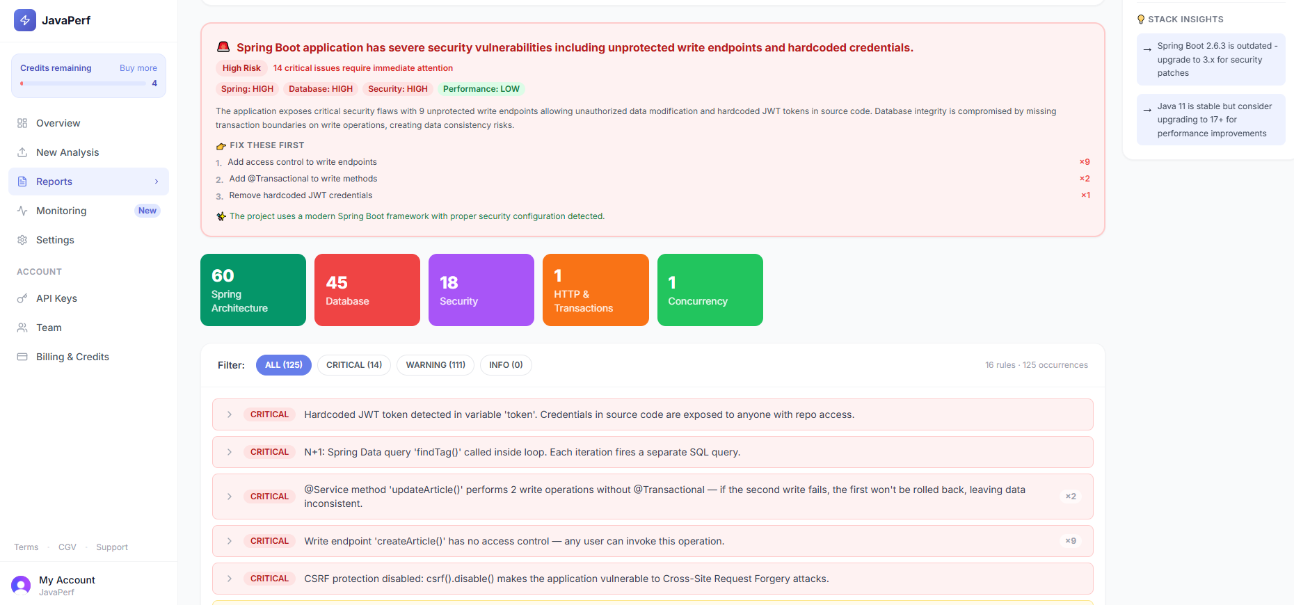 JOptimize dashboard — real analysis result showing score, AI executive summary, issues grouped by category
